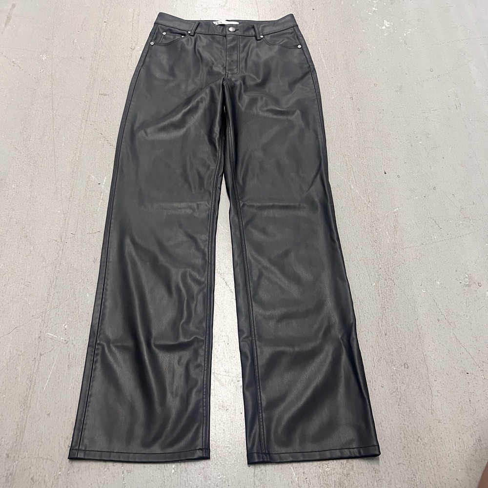 Zara Women's Faux Leather Pants Size 6 Black Vegan Leather Wide Leg Trousers